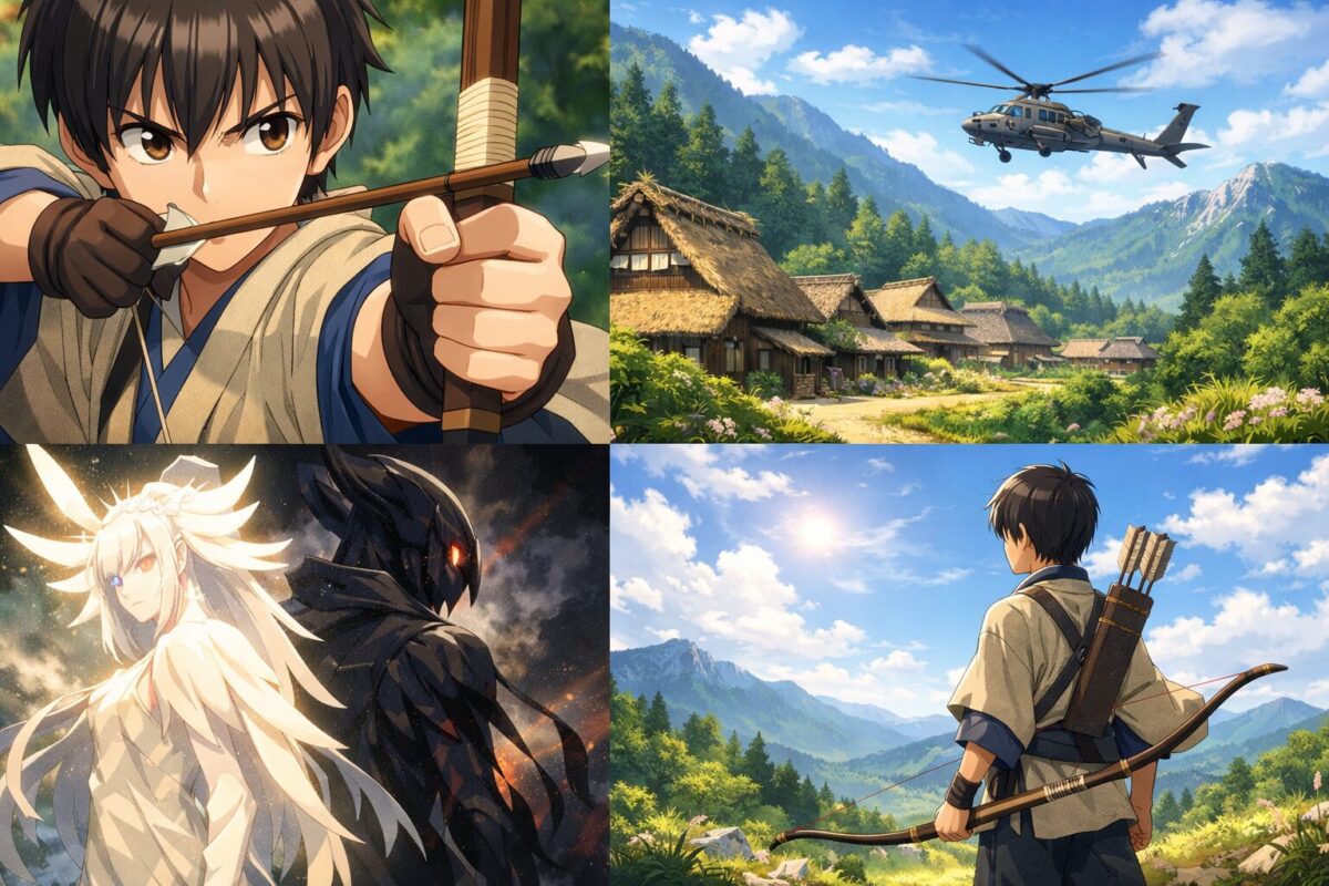 弓を構える和装の少年と対になる神秘的な精霊、上空を飛ぶヘリコプターなど、大自然と近代兵器が交錯する和風ダークファンタジーの情景を描いた4コマ風のイラストイメージ。