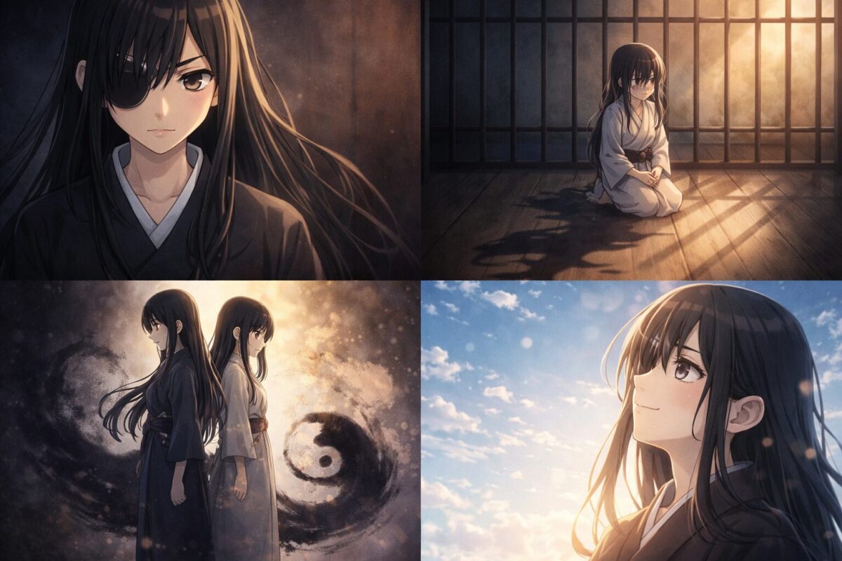 右目に眼帯をした黒髪の少女と和風の牢屋に佇む小柄な少女が背中合わせに描かれた交差する運命を表すアニメ風イラストイメージ