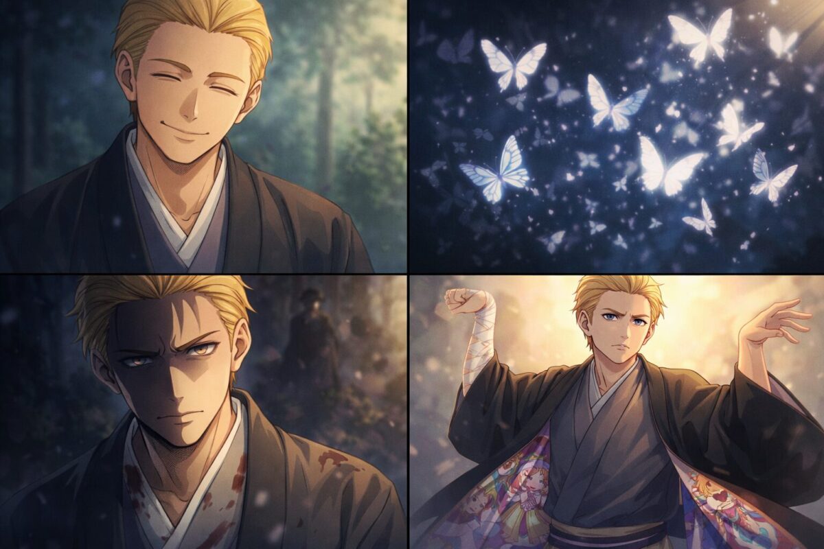 蝶と蛾の群れを従え、うさん臭い笑顔を浮かべる青年の背後に、暗い過去の記憶と色鮮やかな魔法少女の羽織の裏地が見え隠れするイメージ。