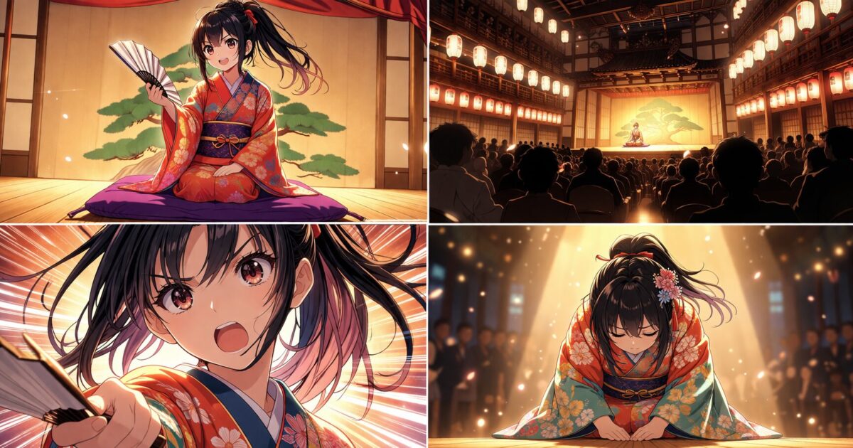 高座に座り扇子を構える着物姿の少女を中心に、寄席の空気感や表情豊かな演技の熱量を4コマ風の構成で描いたアニメ調のイラストイメージ