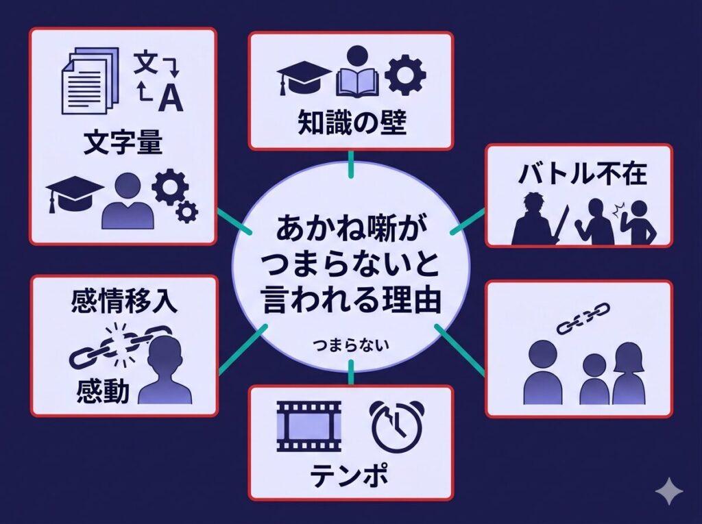 あかね噺がつまらないと感じられる理由を整理した図解。文字量の多さ、知識の壁、派手なバトルの不在など、読者がつまずきやすいポイントがひと目で分かるイメージ