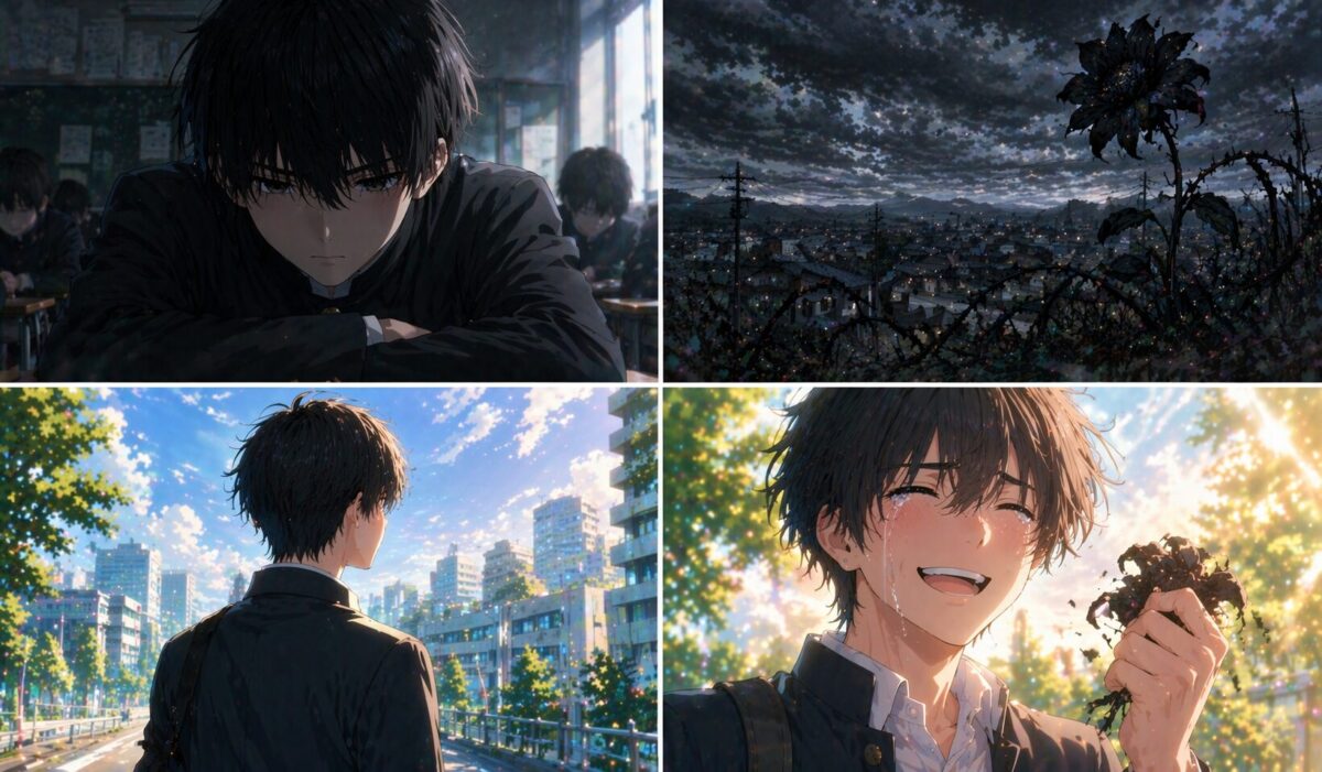 鬱屈とした教室で悩む少年が、暗い過去を乗り越えて新しい街の温かい日差しの中で明るい笑顔を取り戻すまでの心情変化を描いたアニメ調のイメージ。