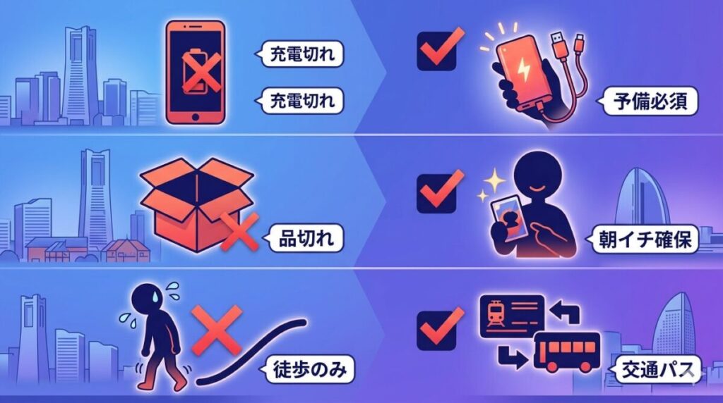 スタンプラリーや特典集めで失敗しないためのNG行動と対策図解。バッテリー切れや在庫切れリスク、徒歩のみでの移動の危険性が分かる。
