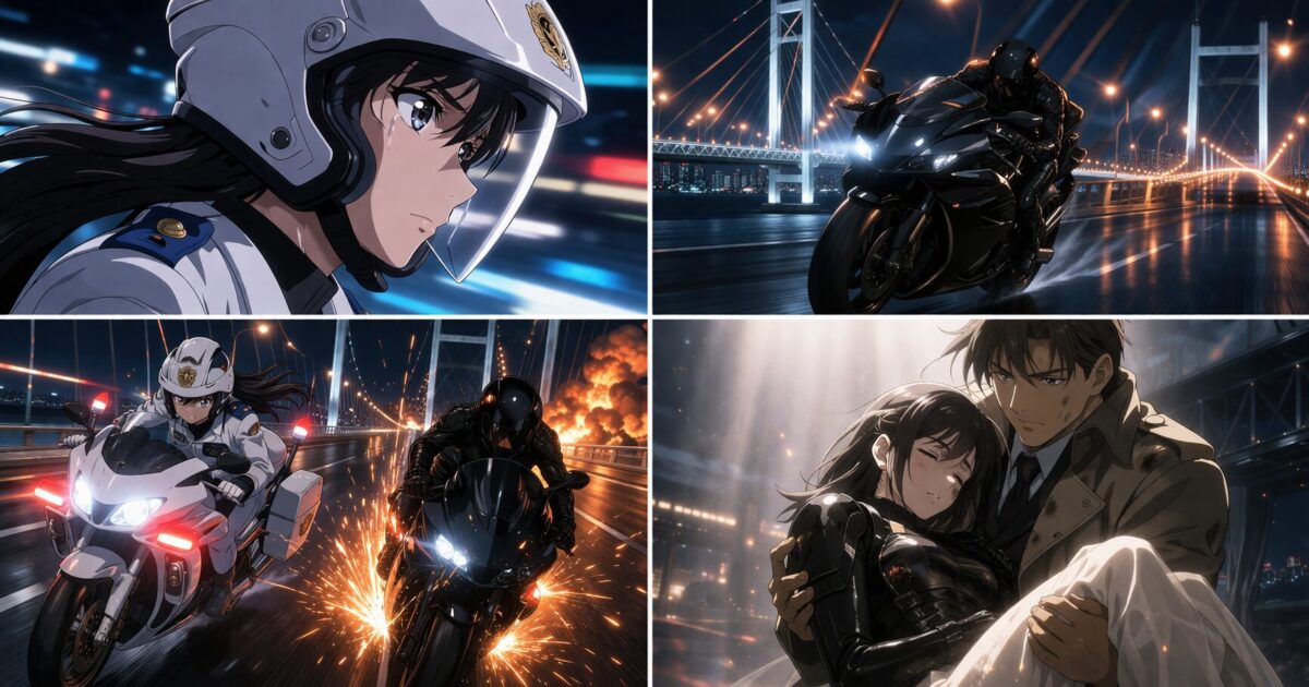 夜の吊り橋を疾走する2台のバイクと、緊迫した横顔、そして最後に男性の腕に抱き抱えられる女性ライダーを描いた4コマ風のイメージ