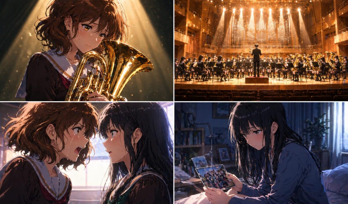 ユーフォニアムを抱えプレッシャーに悩む女子高生や、緊張感のある吹奏楽のステージ、涙を流して感情をぶつけ合う二人の少女、薄暗い部屋で写真を見つめる少女の4コマ風イメージ