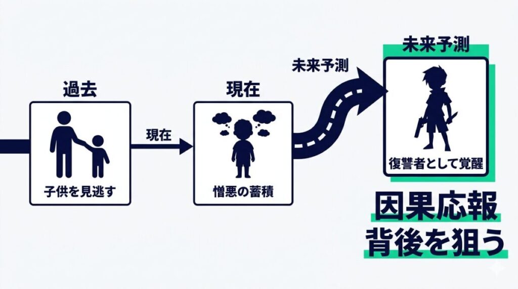 1話で見逃された東村の子供アザミが憎悪を募らせ復讐者としてガブちゃんに牙を剥く最悪の因果応報ルートを示す時系列図解イメージ