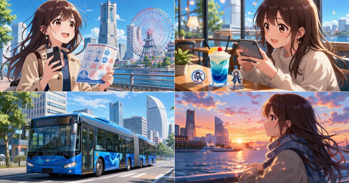 横浜の街を背景にスタンプラリーやカフェ巡りを楽しむ女の子のイメージ