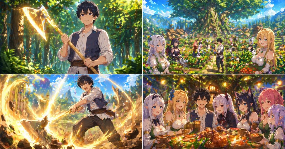 光り輝く万能農具で森を開拓する青年と大樹の村で共存する多種族のヒロインたちのイメージ