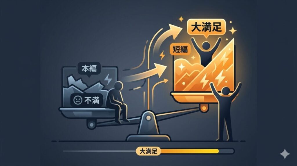 本編で出番が少なかったサブキャラクターへのファンの不満を、同時上映のミュータント・タートルズ短編の圧倒的なアクション熱量とお祭り感がどのようにカバーして満足度を高めているかを図解した評価構造チャート