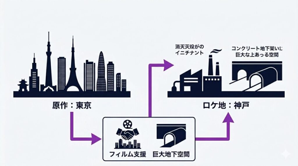 映画サカモトデイズの舞台設定である東京と実際のロケ地である神戸のギャップ、および神戸フィルムオフィスが選ばれた理由を示す因果関係図解