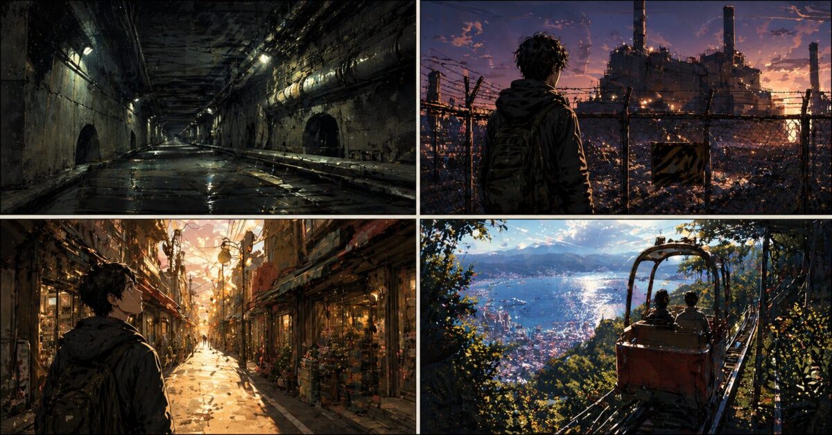 薄暗い地下トンネル、立入禁止フェンス越しの清掃工場、昭和レトロな商店街、海を見下ろす山の斜面を登るレトロな乗り物を描いた4コマ風のイメージ