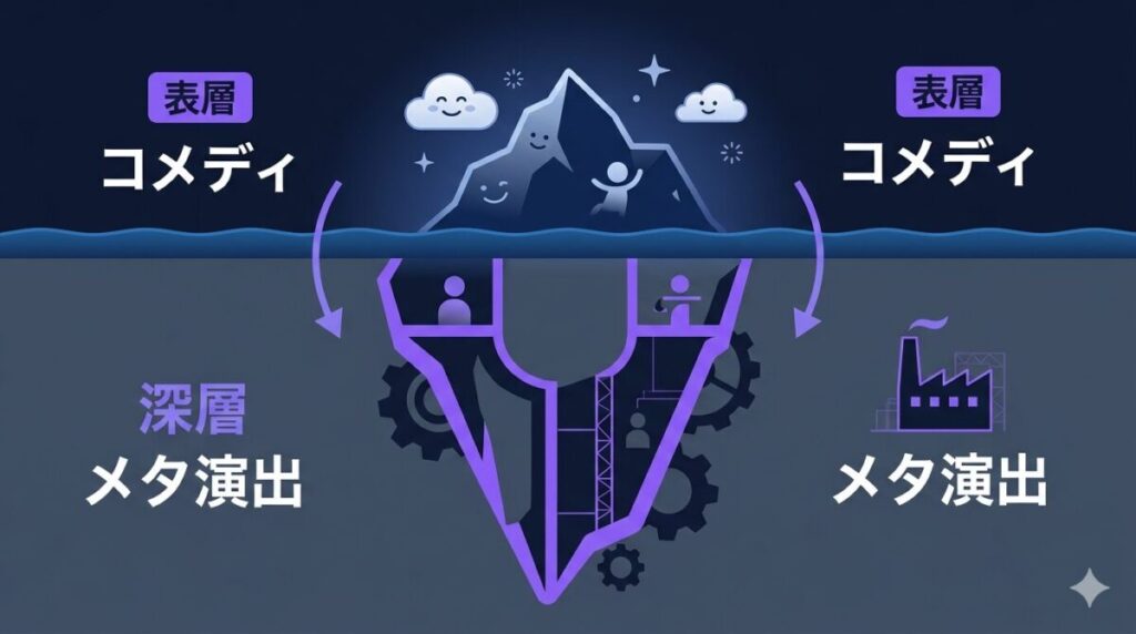 子供向けコメディという表向きの顔の裏に隠された、有毒なマスキュリニティへの皮肉と「大人になること」のテーマ性、パラマウント社を巻き込むメタ演出の構造を解説した概念図解