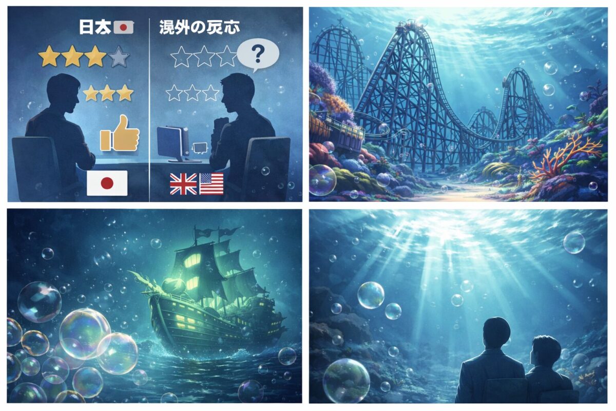 巨大なジェットコースターを見上げる海底のキャラクターや、不気味に光る幽霊船、シャボン玉で無邪気に遊んで笑い合う様子を描写した4コマ風アニメイラストのイメージ