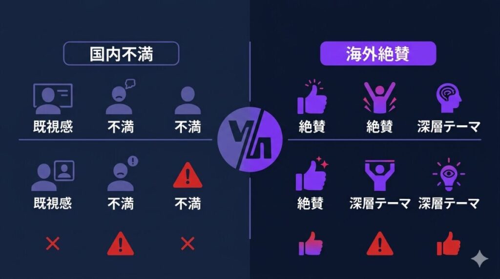 劇場版スポンジボブに対する日本の「既視感がある」という不満と、海外批評家の「有毒なマスキュリニティへの皮肉が秀逸」という絶賛のギャップを比較し、感想が真っ二つに割れる理由を視覚的に整理したマトリクス図解