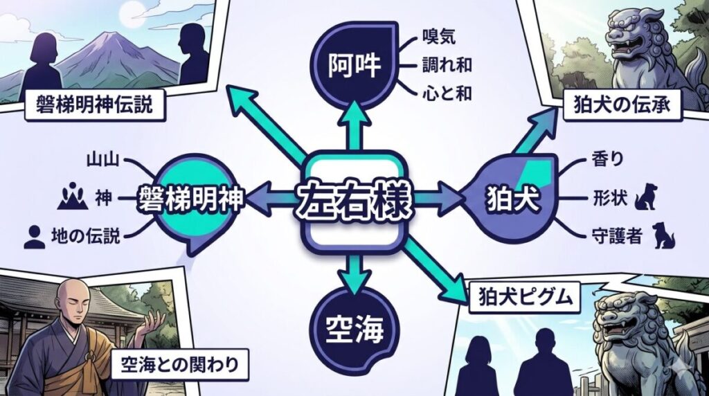 左右様の正体とモデルになった歴史上の元ネタをまとめた図解。阿吽の呼吸や狛犬、磐梯明神伝説との関係が分かる。