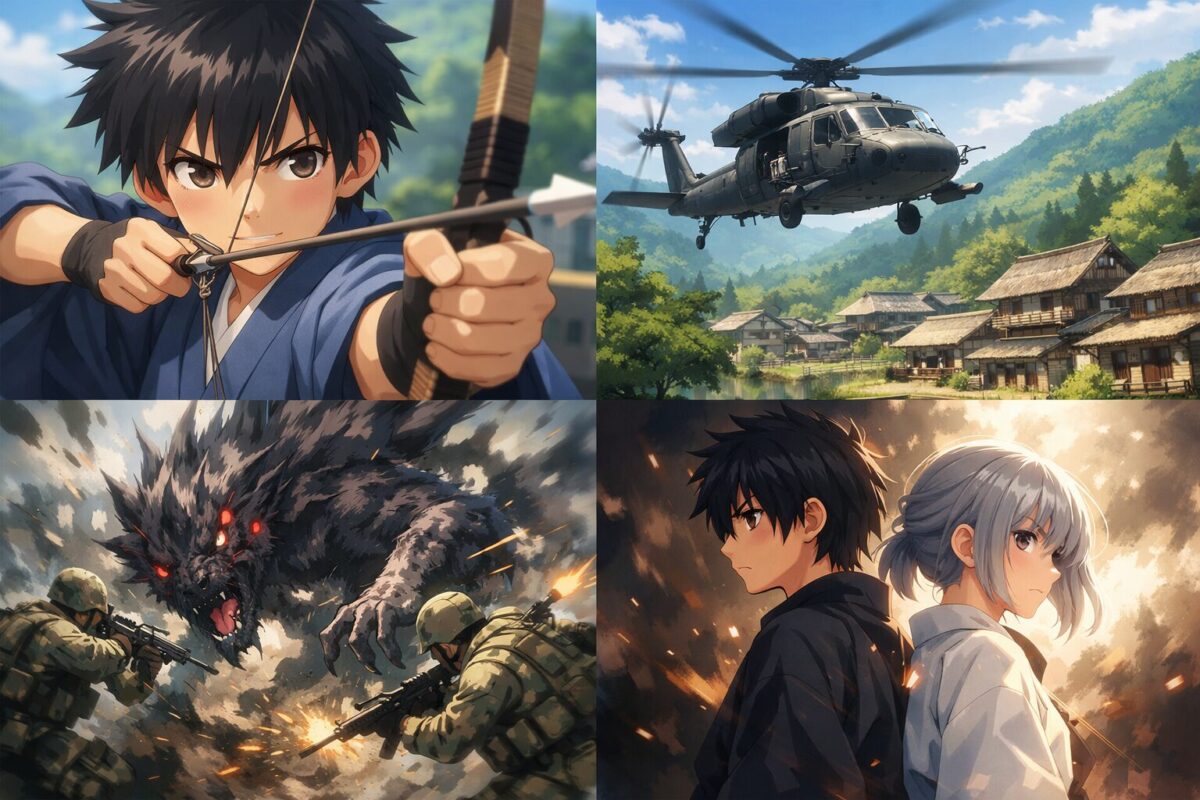 弓を構える和装の少年と現代のヘリコプターが対峙する緊迫したシーンから、謎めいた双子の対立構図までを描いた4分割のイメージ