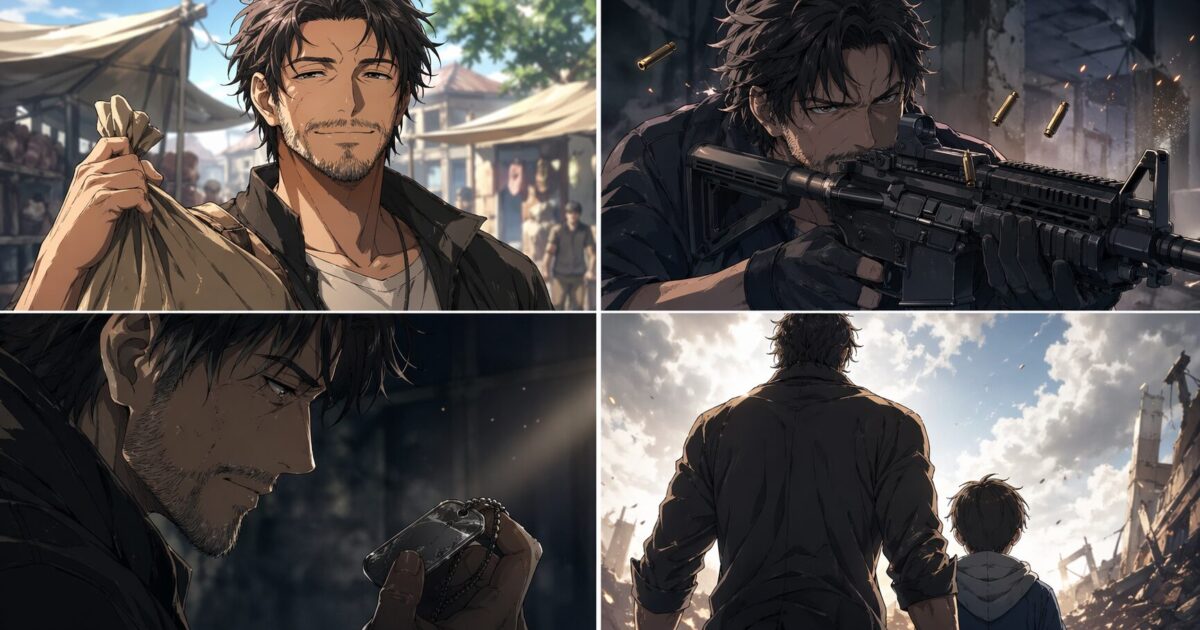 笑顔の行商人から一転してライフルを構え、少年を守護する元傭兵の男の姿を描いたイメージ