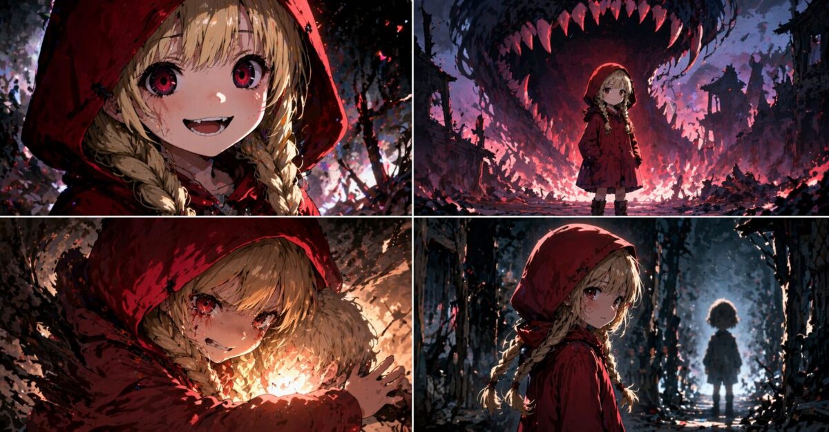 赤いフードを被った金髪三つ編みの少女が無邪気な笑顔を見せる背後に巨大な怪物の影と忍び寄る小さなシルエットが描かれたアニメ風イラストのイメージ