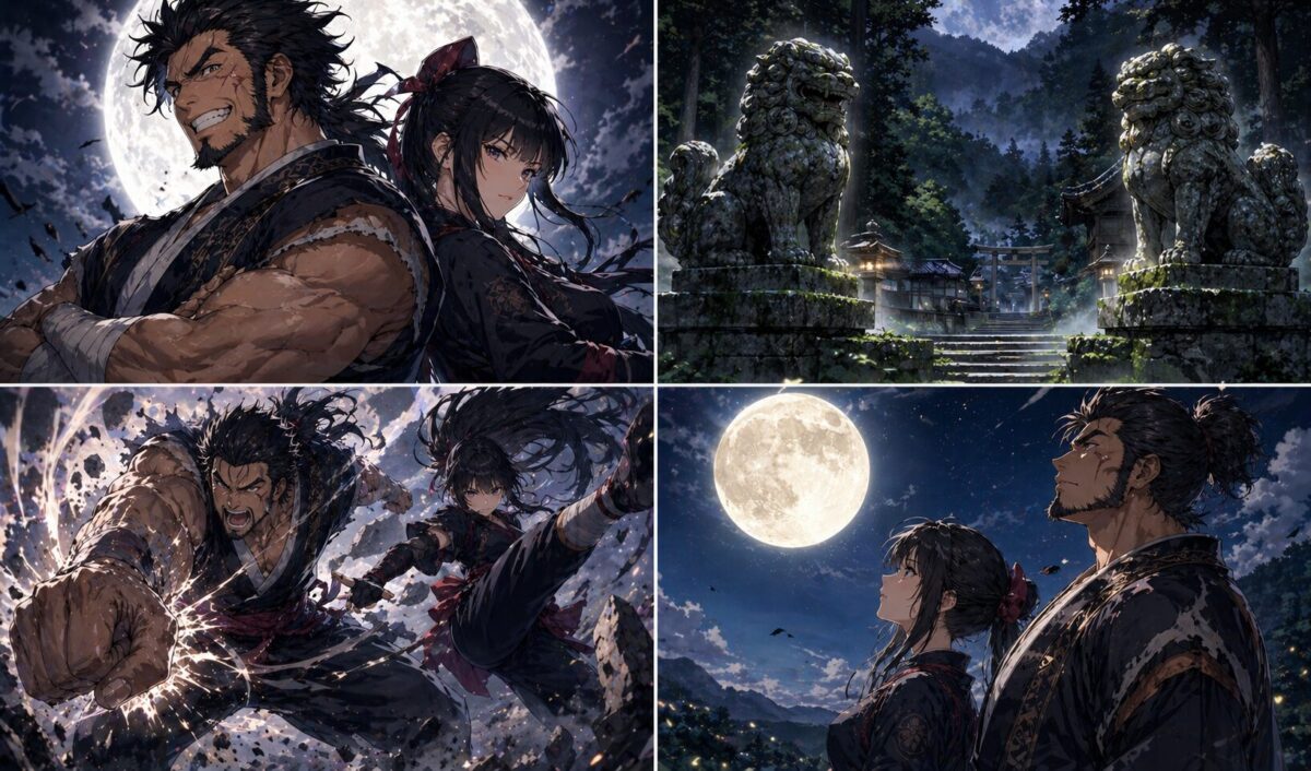 神社に鎮座する二体の阿吽の石像と、強大な力で戦う男女の姿、そして満月の夜に何かを想う横顔が描かれた4分割のイメージ