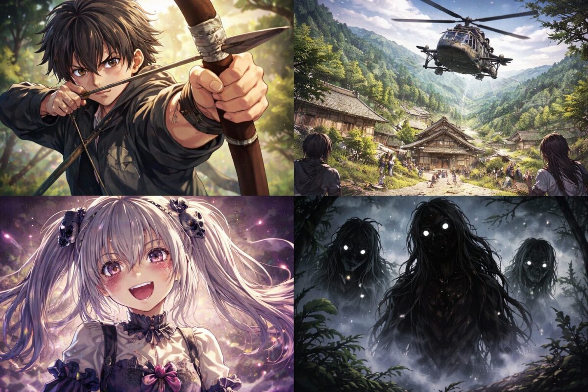 のどかな山村の上空に突如現れるヘリコプターや弓を射る少年、狂気を秘めた少女など、日常が崩壊するダークファンタジーの世界観を描いた4コマ風イメージ