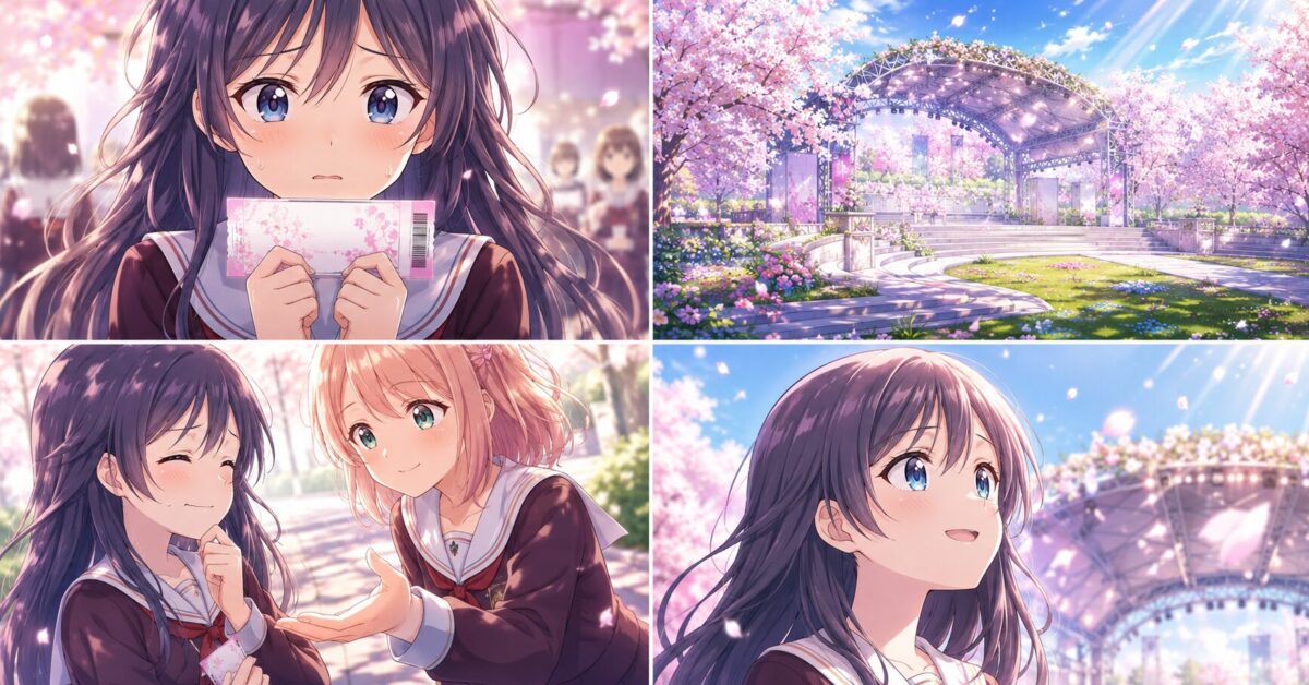 華やかなガーデンステージを前に不安げな表情を浮かべる新入生と、温かく手を差し伸べる先輩たちの絆を描いた、卒業と新たな始まりのイメージ