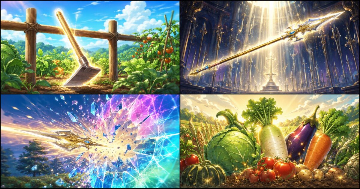 魔法のオーラを纏うクワと光り輝く神槍、そして砕け散る障壁から豊かな野菜畑へと繋がる4分割のイメージ