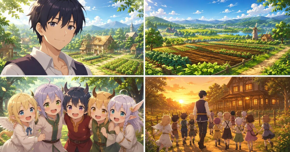 豊かな自然に囲まれた異世界の農地で様々な種族の特徴を持つ笑顔の子供たちに囲まれて穏やかに佇む青年のイメージ