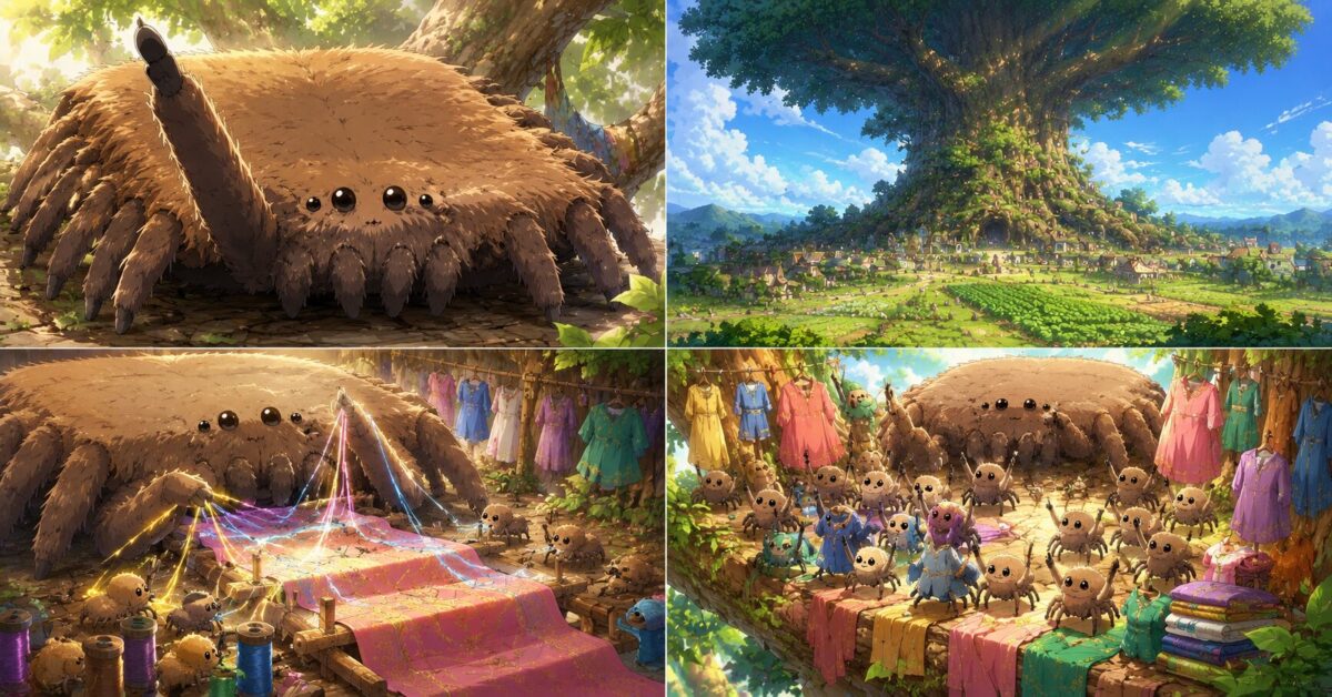 大きな樹の上で四畳ほどの平らな巨大蜘蛛が一本の足を上げて可愛らしく挨拶しその周囲で小さな子蜘蛛たちが楽しそうに動き回りながらカラフルな衣服や布地を織り上げているイメージ