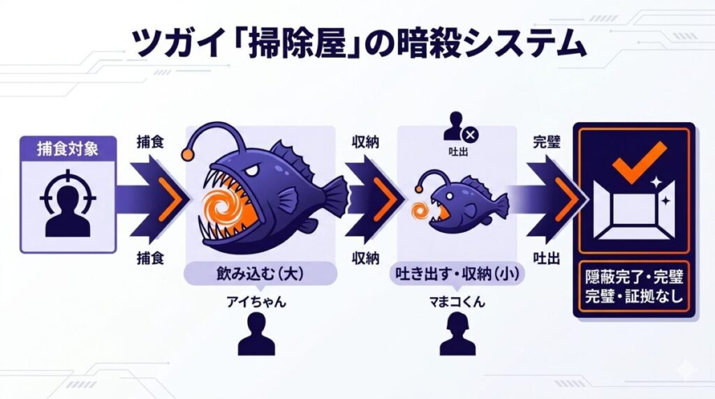 ジンのツガイである掃除屋の愛ちゃんと誠くんによる捕食と収納・隠蔽工作の仕組みを図解したフローチャート
