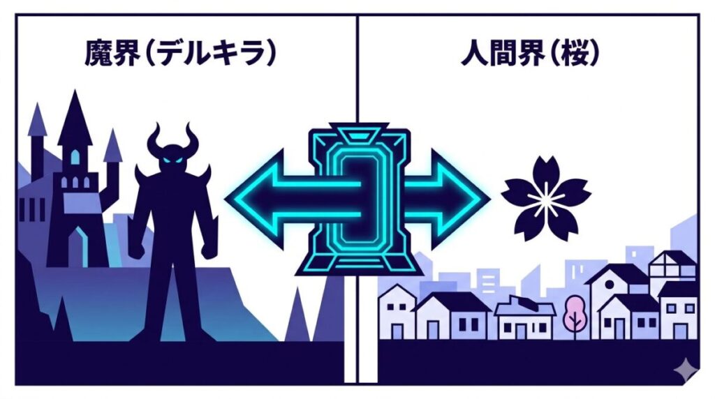 魔王デルキラが失踪した背景にある、人間界への渡航歴や桜の存在、および悪魔と人間の垣根をなくしたいという願いの相関関係を表した図解