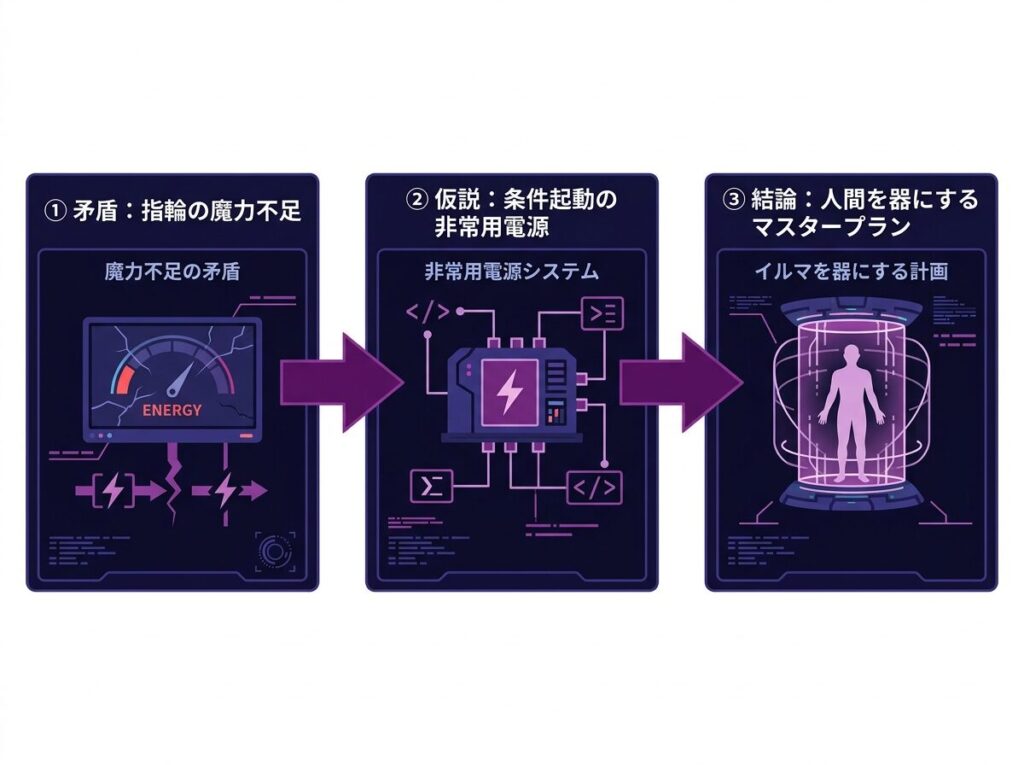 悪食の指輪が持つ魔力不足の矛盾から導き出された非常用電源説と、魔力のない人間であるイルマをあえて器として選んだデルキラの壮大な計画の因果図
