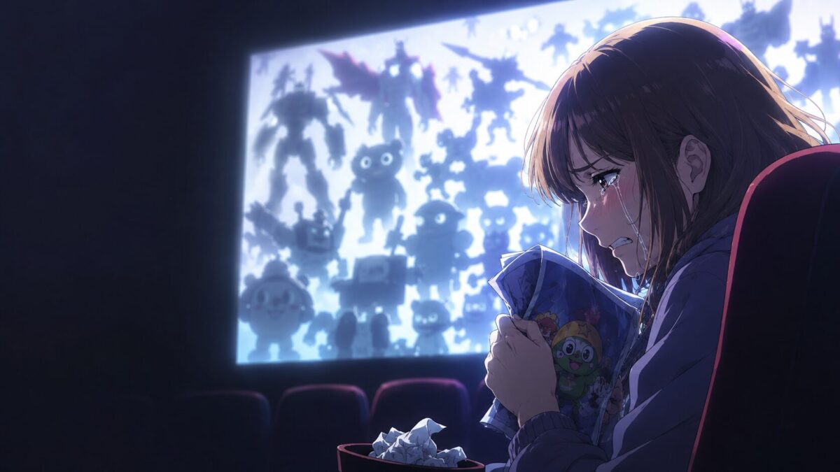 映画館の座席でスクリーンの冷たい光に照らされながら涙を流し映画パンフレットを握りしめる女性アニメファンのイメージ