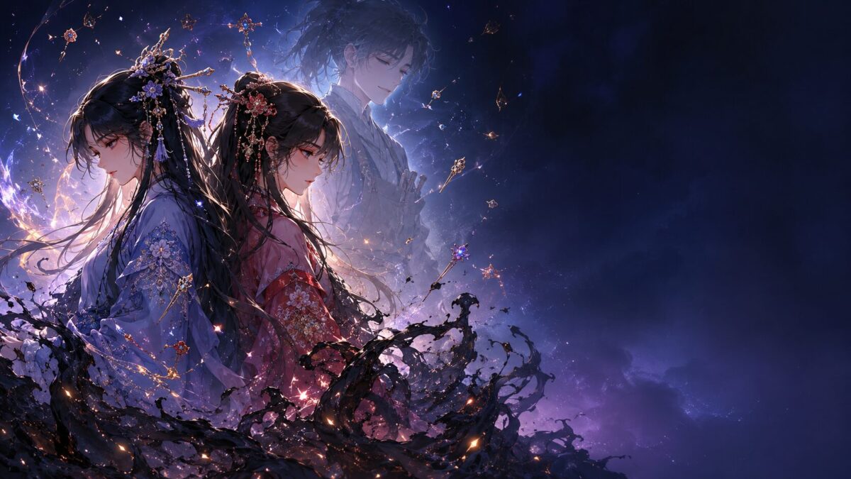 中国古代の装束を纏った黒髪の少女たちが背中合わせに立ち背景に少年の幻影と足元から這い寄る禍々しい泥が美しく描かれたイラストのイメージ