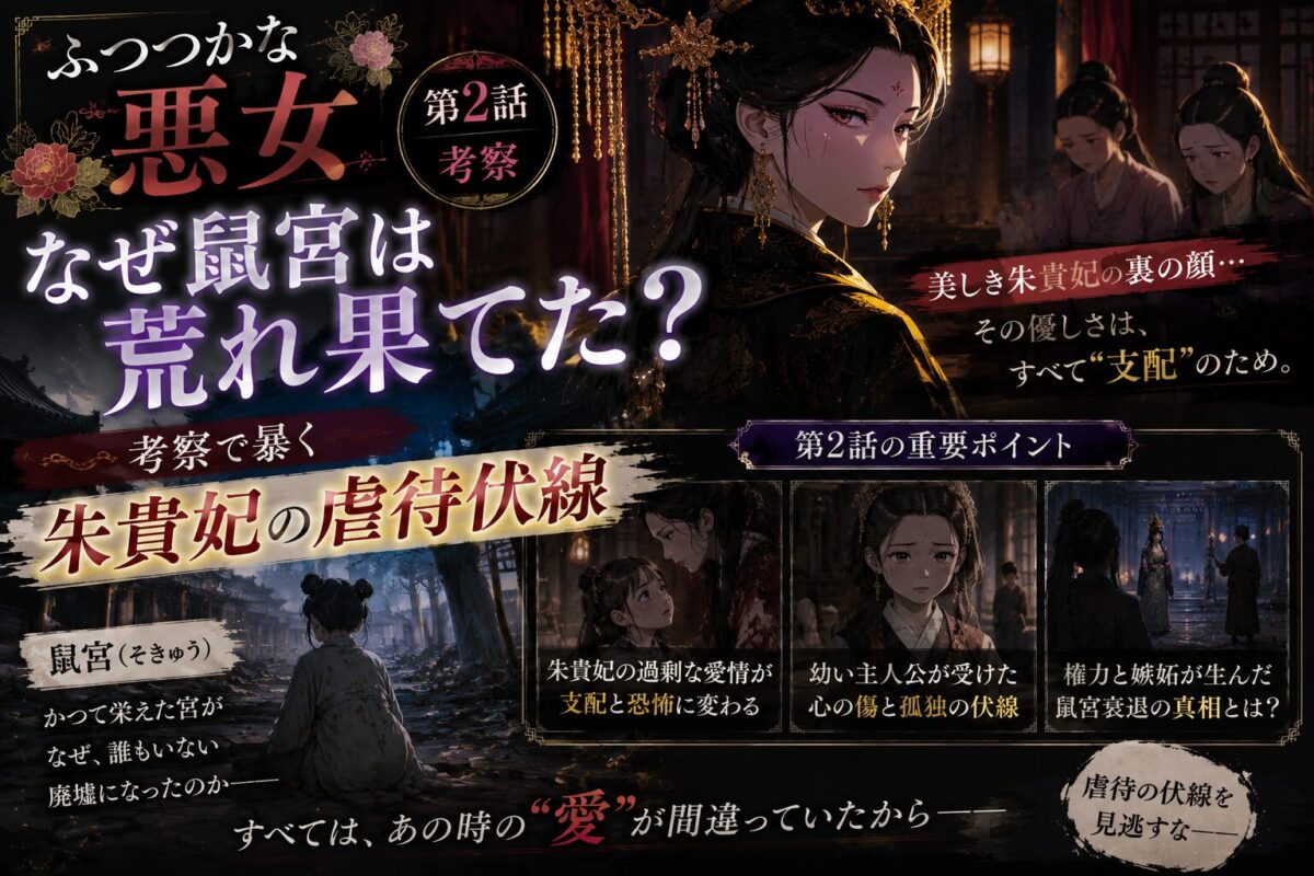 『ふつつかな悪女ではございますが』第2話の考察記事用アイキャッチ画像。荒れ果てた鼠宮の謎と朱貴妃の虐待伏線をテーマに、後宮の陰謀と悲劇を幻想的かつ重厚な世界観で表現したデザイン。