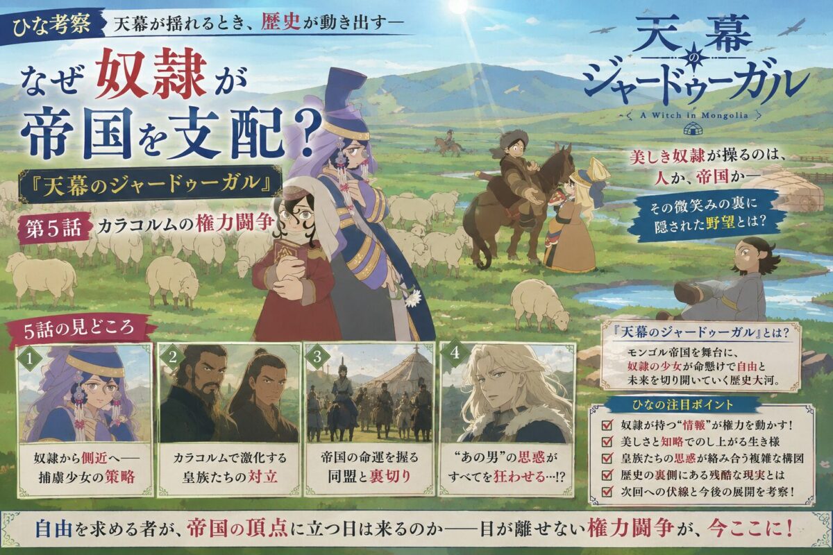 アニメ『天幕のジャードゥーガル』第5話の考察記事用アイキャッチ画像。カラコルムを舞台に、奴隷の少女が権力闘争へ関わる物語と、帝国を揺るがす陰謀を作品のアニメ調に寄せたイラストタッチで表現したデザイン。