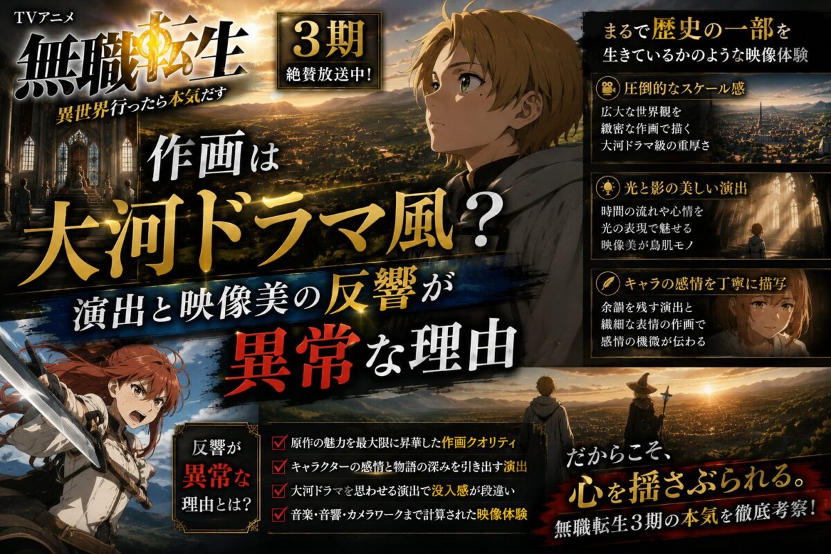 『無職転生』第3期の作画や演出を考察する記事のアイキャッチ画像。大河ドラマを思わせる壮大な映像美と、作品世界のスケール感や高品質なアニメーションを表現したデザイン。