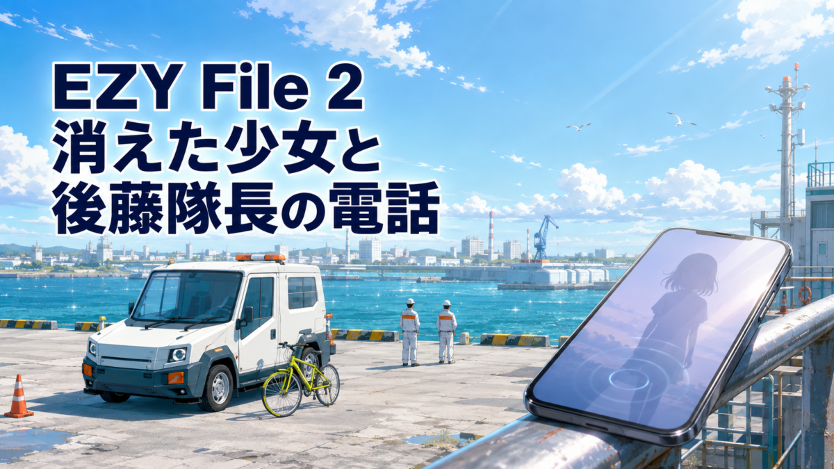 映画『機動警察パトレイバー EZY File 2』をイメージした、港の業務車両と自転車、少女の姿が映るスマホを描いたイラスト