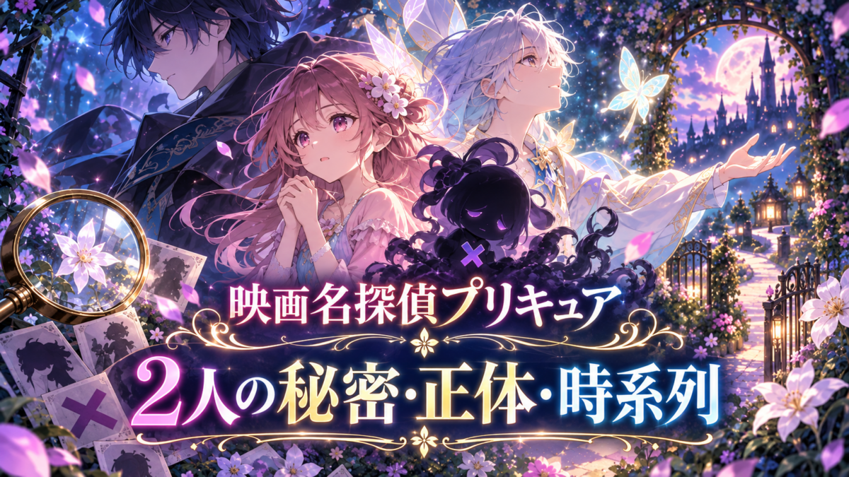 『映画名探偵プリキュア！不思議な庭と2人の秘密』の秘密・正体・時系列を示す、月夜の花園、3人の抽象人物、×印の黒い存在と虫眼鏡の構成