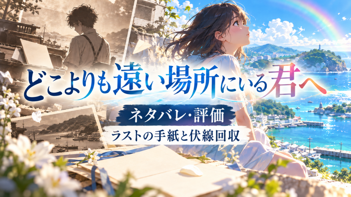映画『どこよりも遠い場所にいる君へ』のネタバレ・評価。セピア色の過去と青い海の現在を対比し、少年と少女、手紙を描いたイラスト。